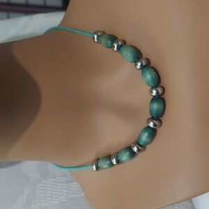 Vintage Aarikka Finnish Green Wooden Stainless Steel Adj Cord  Necklace Choker